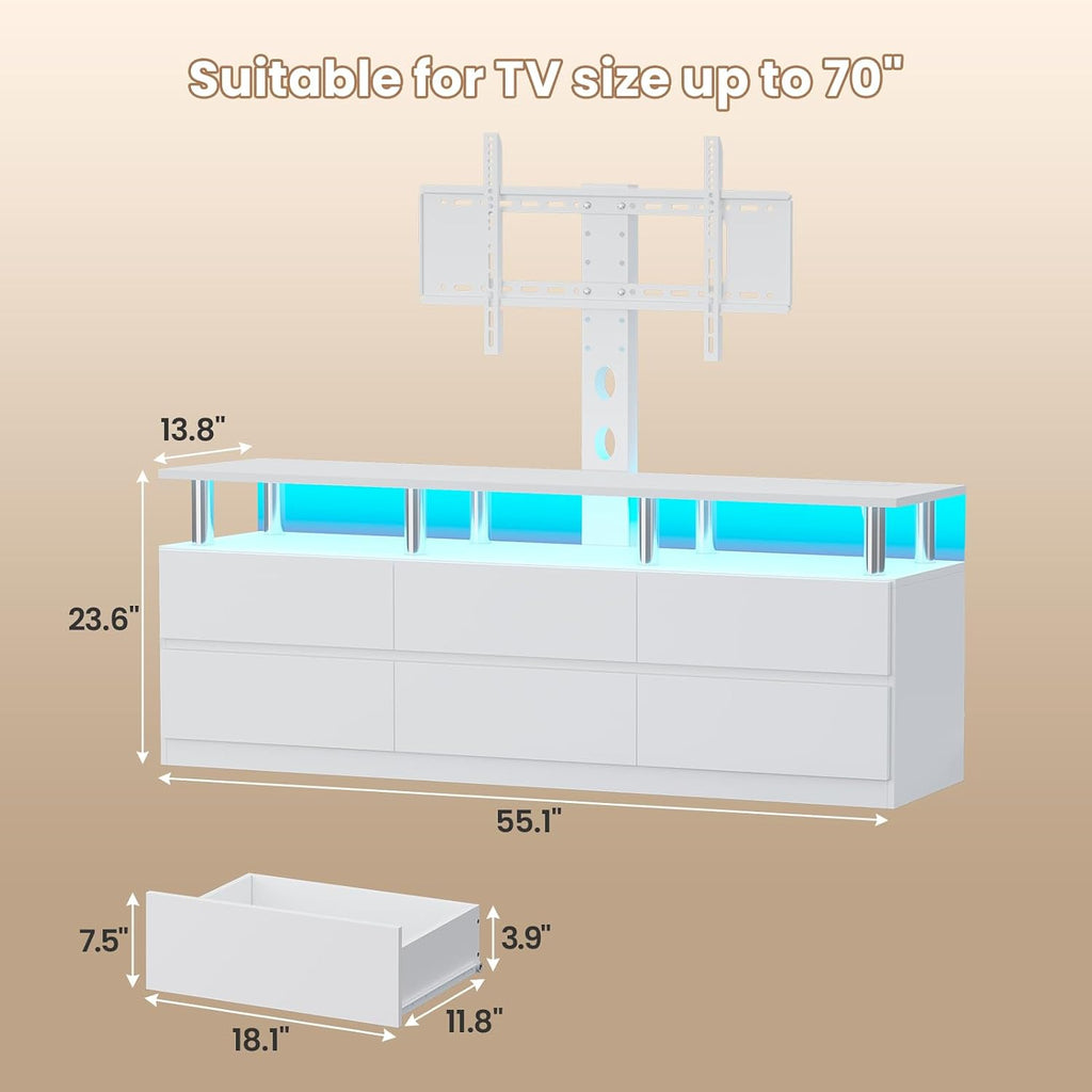 ADORNEVE TV Stand with Mount and Power Outlet, TV Mount for 32/45/55/60/65/70 inch TVs, Modern LED TV Stand with 6 Drawers,White Entertainment Center for Living Room,Bedroom