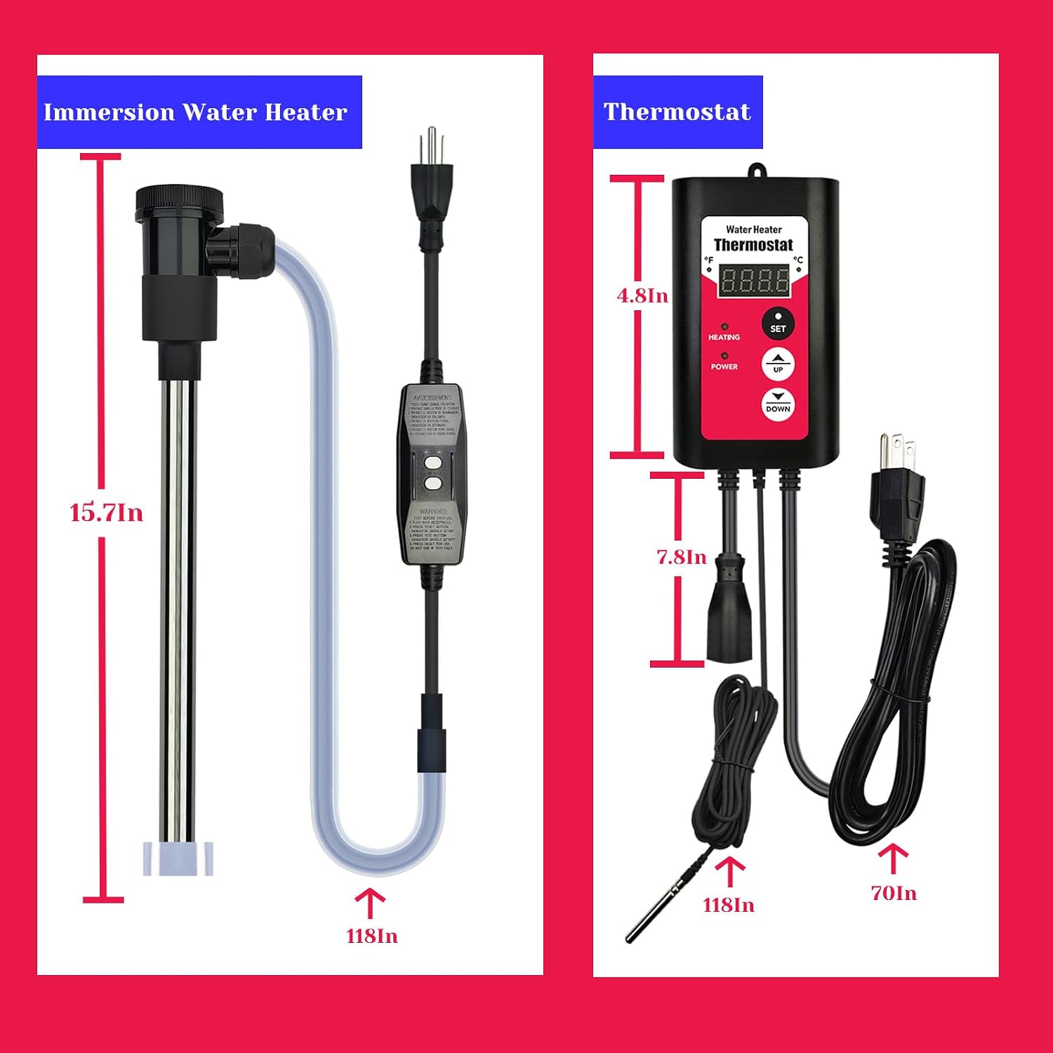 1500W Immersion Pool & Hot Tub Water Heater Portable Electric Submersible Heater with Temp Control & GFCI for pond, Inflatable Pool, Above-Ground Pool, Bathtub, baptismal pool and baptistry