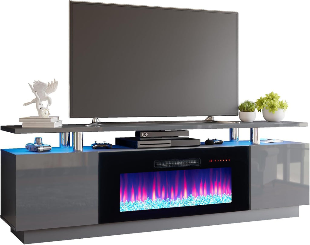 AMERLIFE Fireplace TV Stand with 36' Fireplace, 70' Modern Fireplace Entertainment Center LED Lights, 2 Tier TV Console Cabinet for TVs Up to 80', Grey
