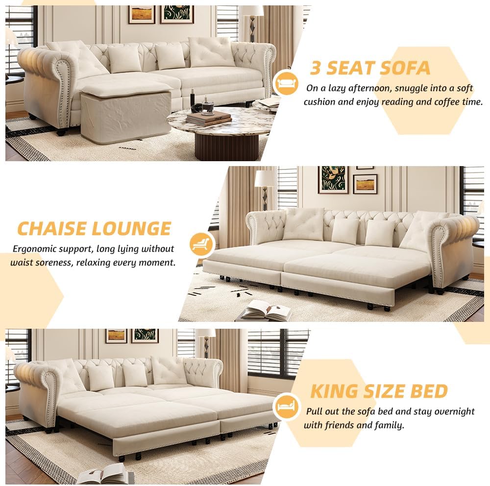 89' King Size Sleeper Sofa Bed, 3-in-1 Convertible Pull Out Chesterfield Sleeper Couch with Ottoman, Oversized Velvet Button Tufted L Shaped Sofa for Living Room Small Spaces, Beige White
