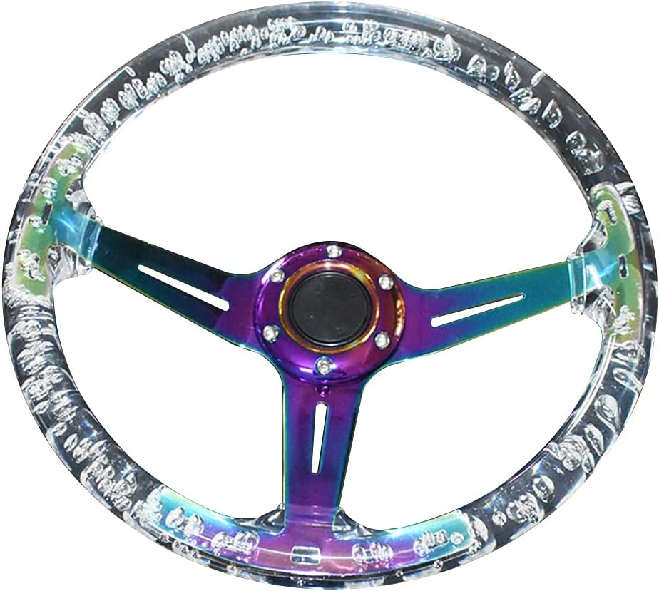 Car Steering Wheel,Universal 350mm/13.8 Inch Steering Wheel Deep Dish 6 Bolt Sports Drifting Steering Wheel with Horn Button and Screws for Most Vehicles,Transparent White Colorful