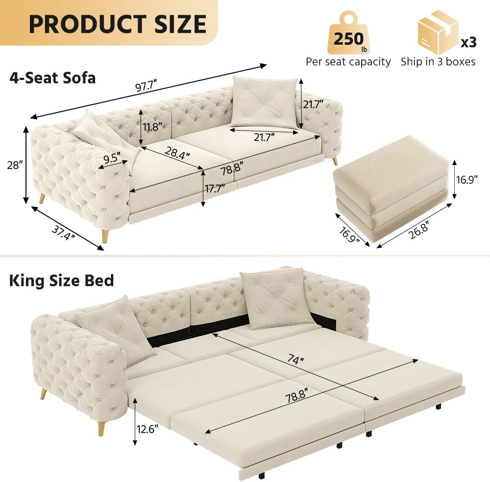 97.7' King Size Sleeper Sofa Bed, 3-in-1 Convertible Pull Out Chesterfield Sleeper Couch with Ottoman, Oversized Velvet Button Tufted L Shaped Sofa for Living Room Small Spaces, Beige White