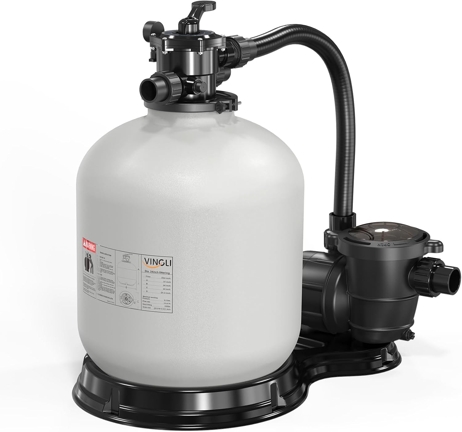 VINGLI 24 in Sand Filter Pump, 4227 GPH 1.5 HP Commercial Grade Heavy Duty Pool Filter Pump with 7-Way Valve for Large Above Ground & Inground Pools Up to 20000 Gallons