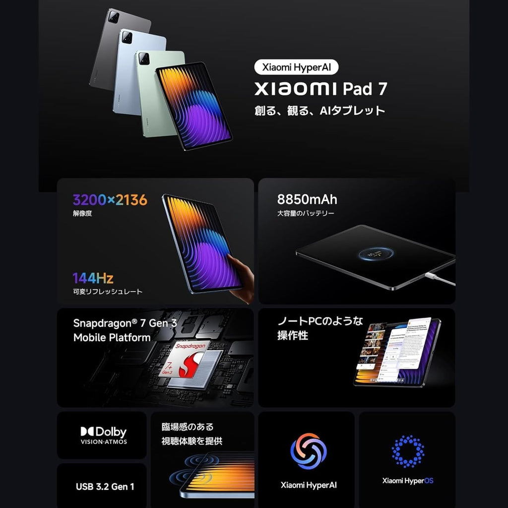 XIAOMI Pad 7 Ai WiFi Version Global (No Calls or Text) 11.2 inches 3.2K 144Hz 8850mAh Bluetooth 5.4 Four Speakers 13 Mp Model 2410CRP4CG (Gray, 256GB + 8GB)