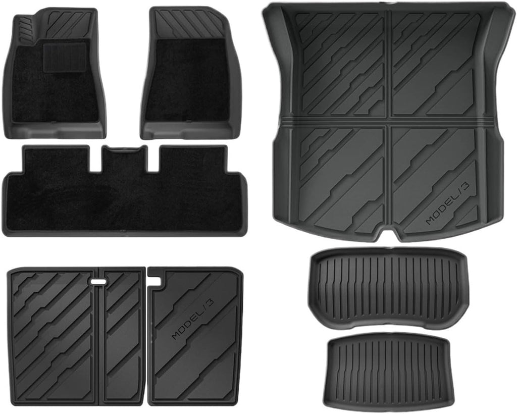 TPE Floor Mats & Cargo Liner, 3D Cyber Style Waterproof Anti-Slip Trunk Mat Backrest Mats Compatible with Tesla Model 3 Highland 2024 2025(11PCS Full Set)