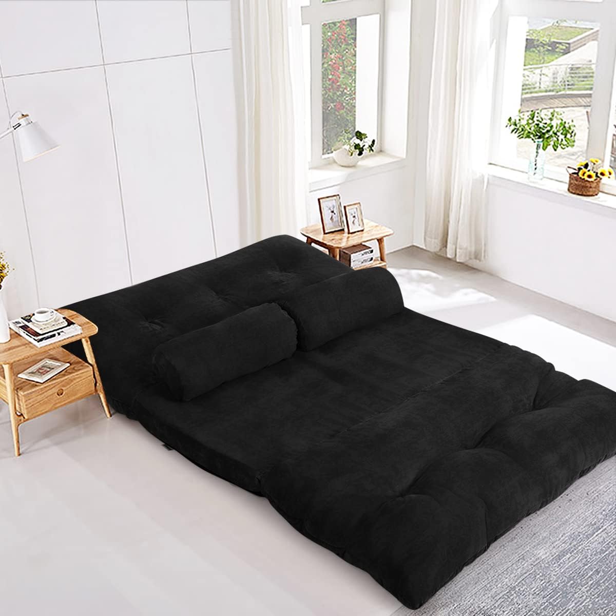 Giantex Adjustable Floor Sofa Couch with 2 Pillows, Multi-Functional 6-Position Foldable Lazy Sofa Sleeper Bed, Multi-Functional Suede Floor Seating for Reading Gaming (Black)