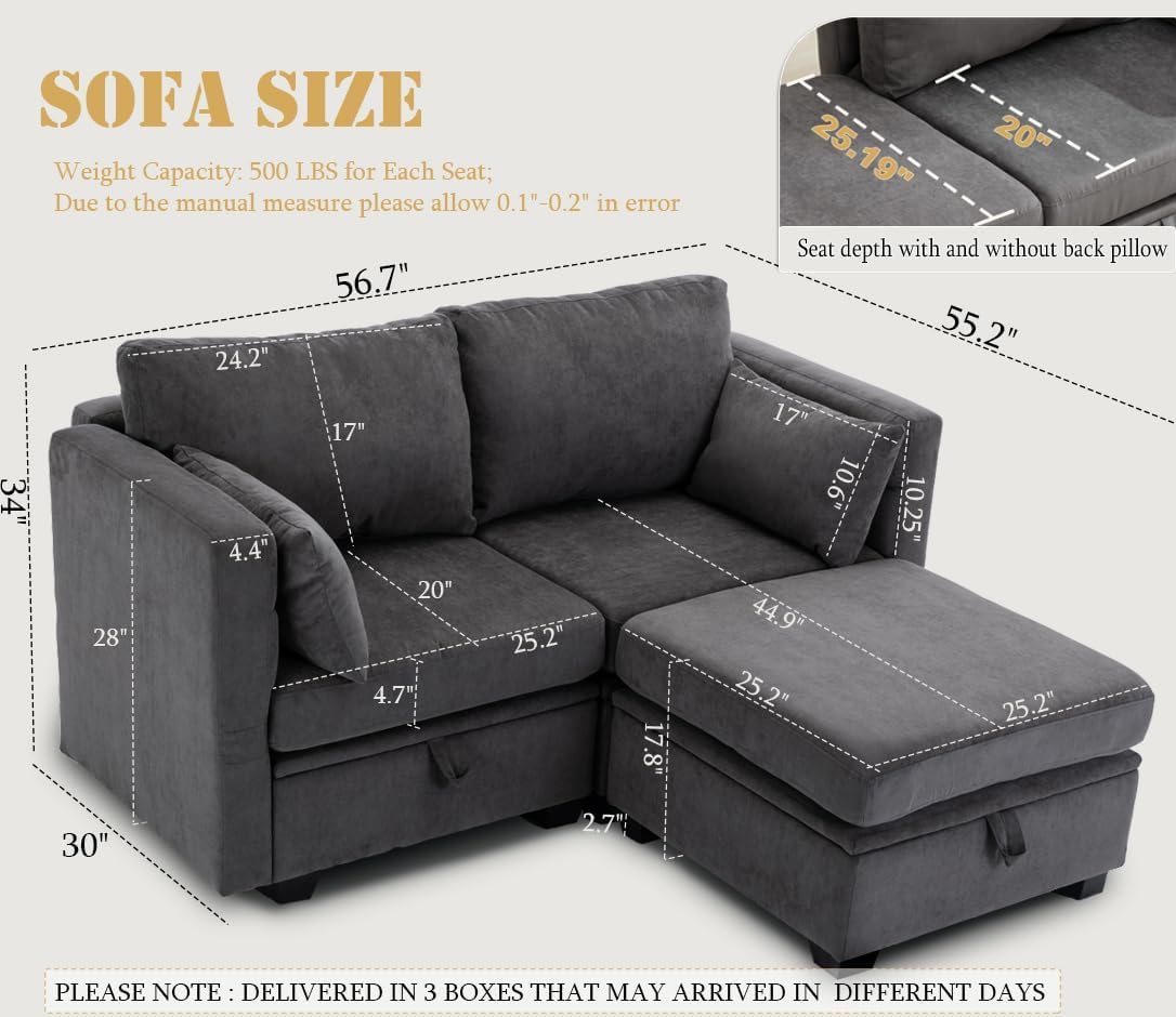 Loveseat with Storage Seats Modular Sectional Small Couch for Small Spaces with Reclining Arms and Backs 2 Seater Couch with 2 Ottoman Mini Sofa Love Seat for Bedroom,Dorm Room, Living Room(Grey)