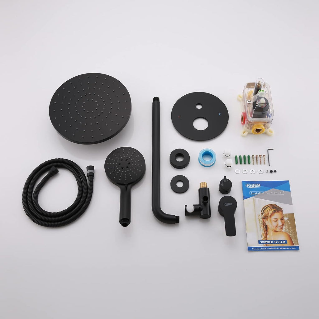 Iriber Shower System Wall Mounted Shower Faucet Mixer Set with Luxury High Pressure Shower head and 3-Setting Handheld, Bathroom Shower Trim Kit Contain Pressure Balance Valve, Matte black