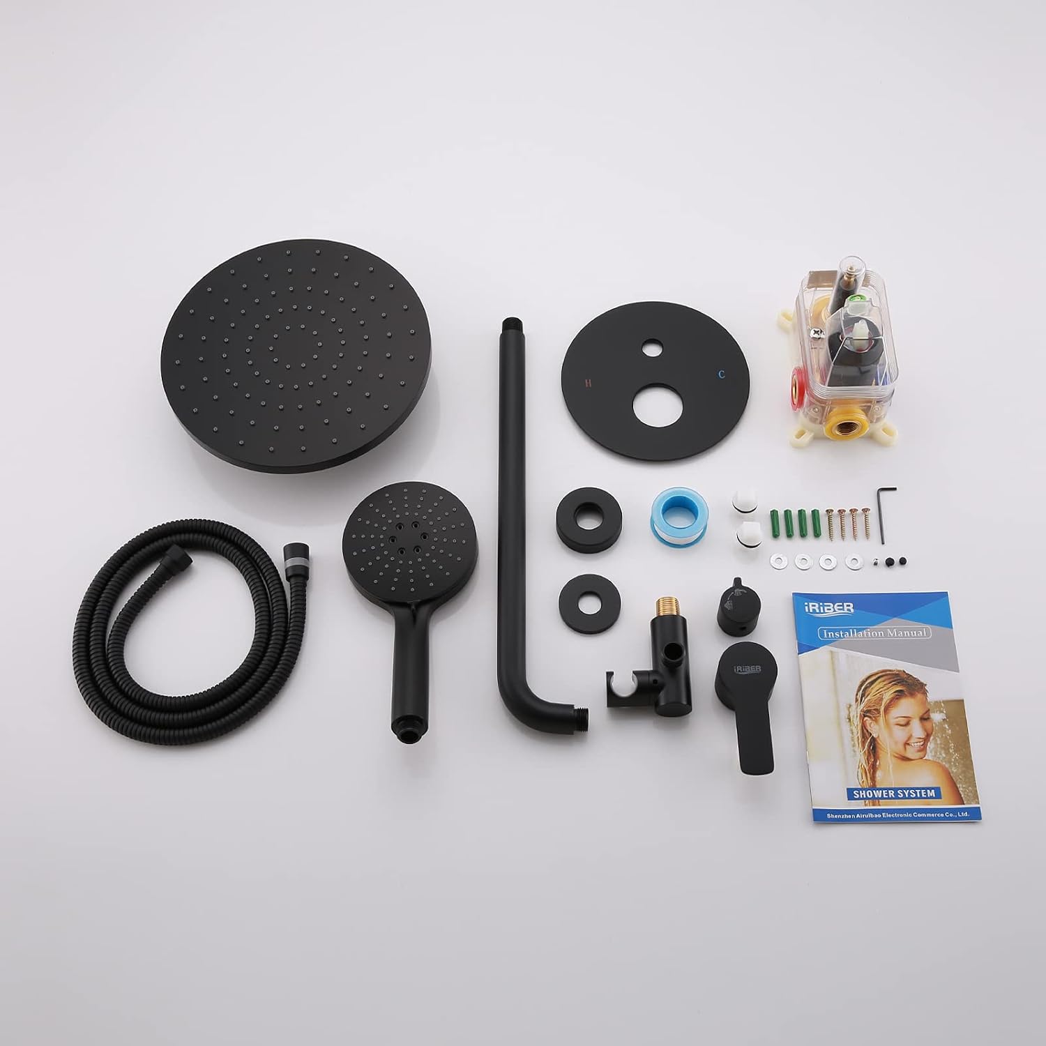 Iriber Shower System Wall Mounted Shower Faucet Mixer Set with Luxury High Pressure Shower head and 3-Setting Handheld, Bathroom Shower Trim Kit Contain Pressure Balance Valve, Matte black