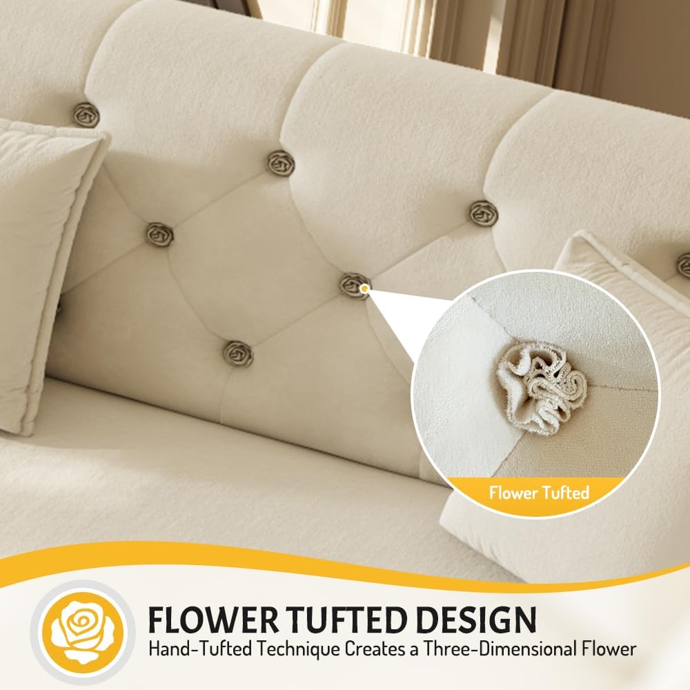 100' King Size Sleeper Sofa Bed, 3-in-1 Convertible Pull Out Chesterfield Sleeper Couch, Oversized Velvet Flower Button Tufted 4-Seat Sofa for Living Room Apartment (Beige White)