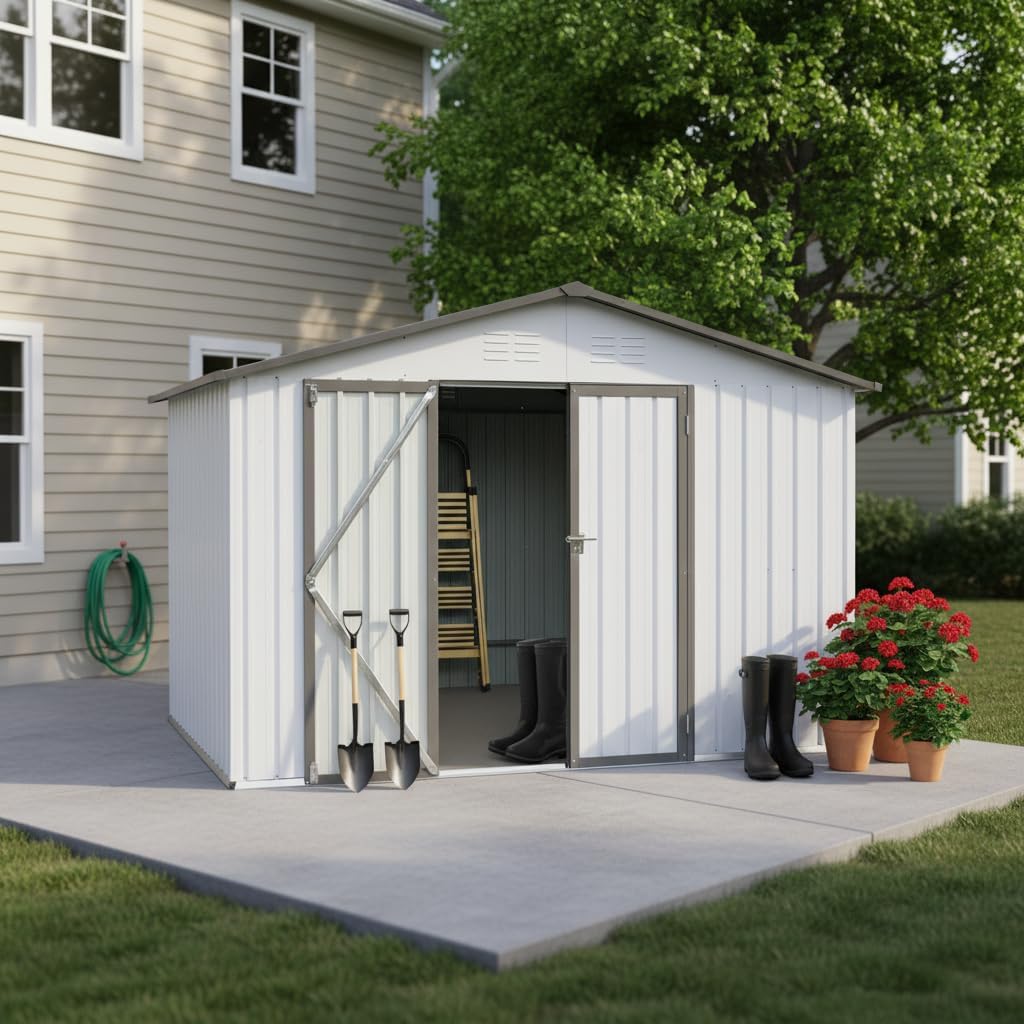 10X12 FT Outdoor Storage Shed, Galvanized Steel Garden Tools Shed with Hinged Door & Padlock, Large Storage Cabinets for Patio, Backyard, Lawn, Garden (White & Gray)