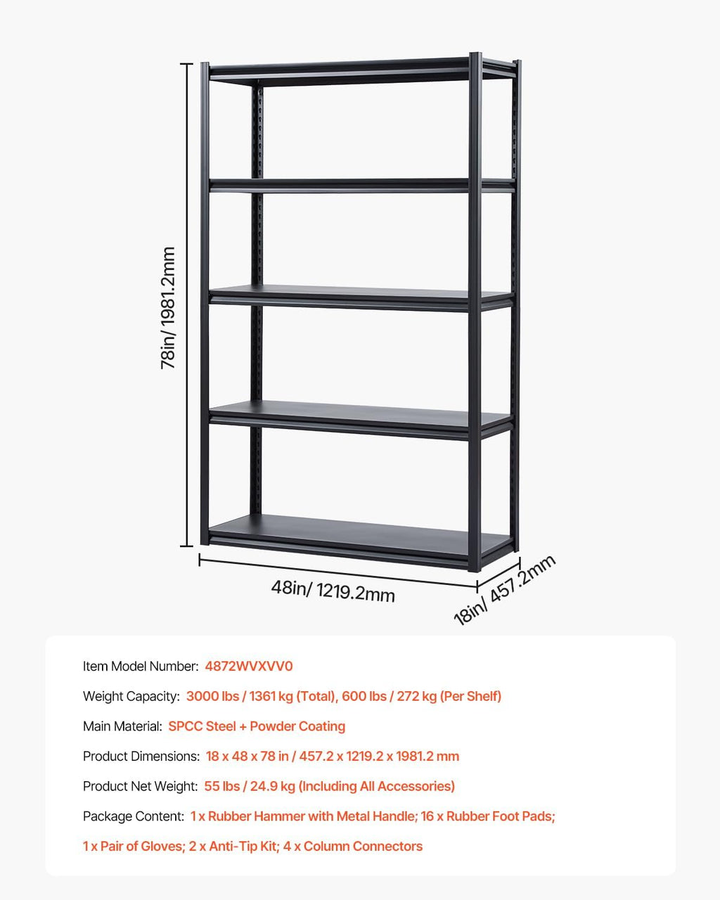 VEVOR Storage Shelves, 3000 lbs, 5 Tier Garage Storage Shelving, 18' D x 48' W x 78' H Adjustable Metal Shelves for Garage Shelves Utility Rack Shelf, Ideal for Kitchen, Warehouse, Basement, Black