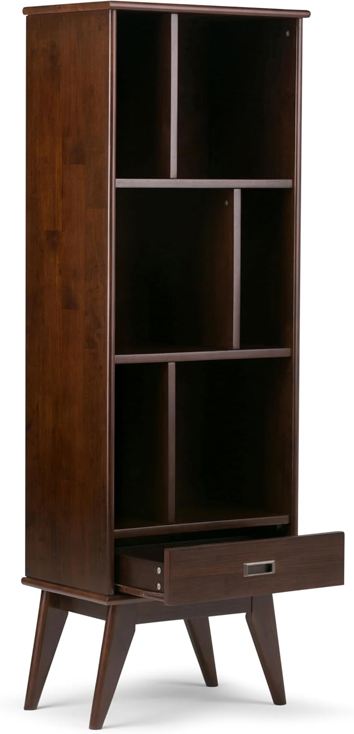 SIMPLIHOME Draper Bookcase - 64 inch Tall Solid Wood Storage Bookshelf in Medium Auburn Brown, Mid-Century Modern Storage for Living Room, Study or Office with Adjustable Shelves and Angled Legs
