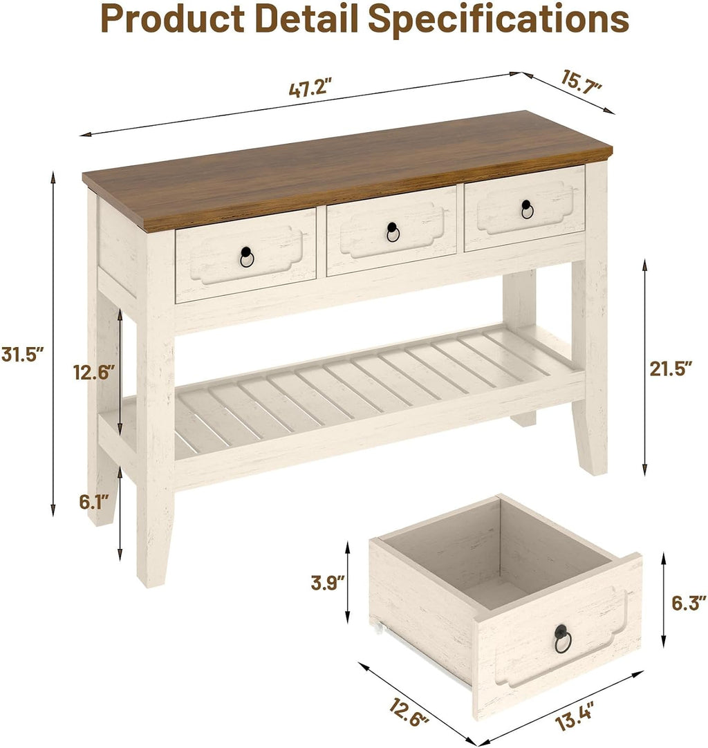 IDEALHOUSE 47in Long Console Table, Farmhouse Narrow Entryway Sofa Table with Drawers and Bottom Shel for Living Room Entrance Foyer, Rustic White