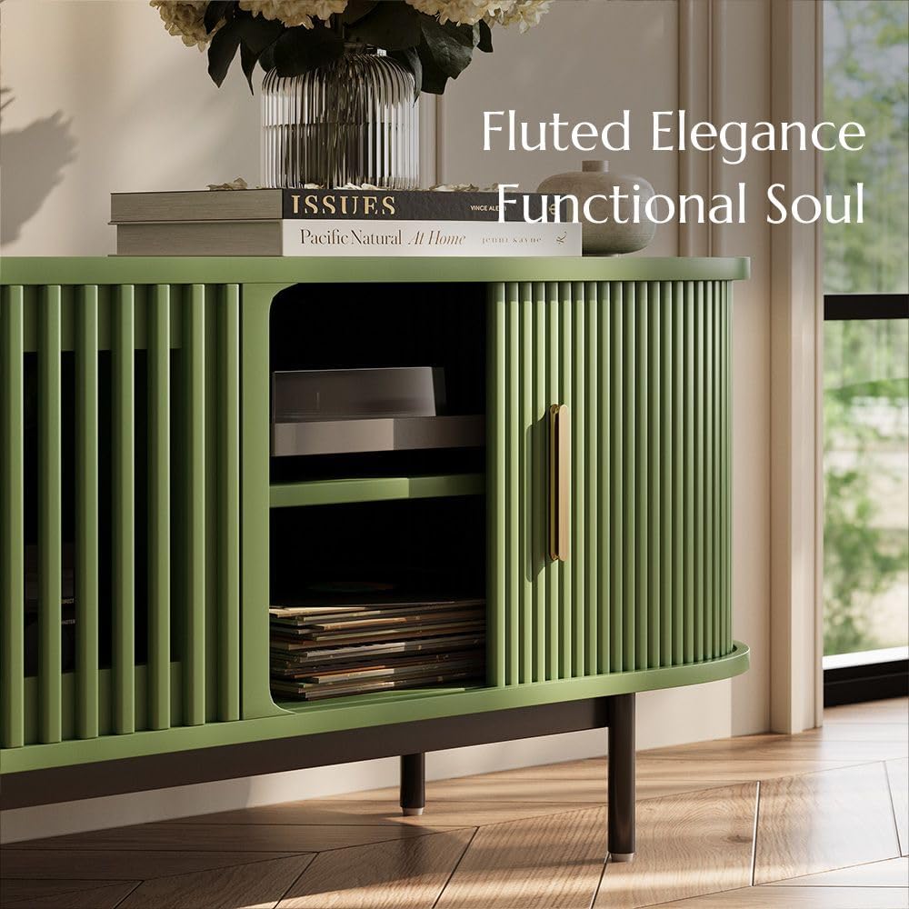 POVISON Fully-Assembled Modern Green TV Stand with Tambour Doors, Fluted TV Media Console for 85 Inch TVs, Sliding Door Entertainment Center with Storage for Living Room (Green, 94.49')