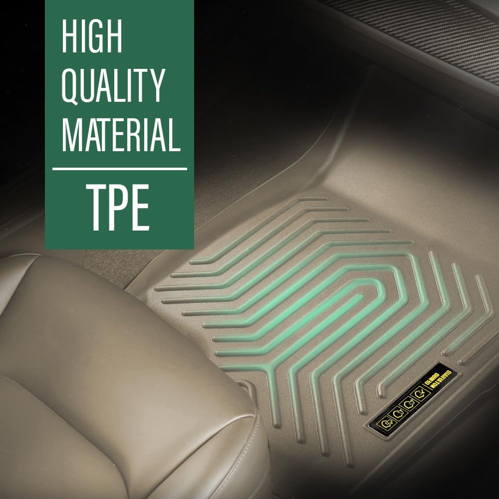 GRAND ORANGE 1st & 2nd Row Beige 2PCS Floor Mats Cargo Liners Fit Chevy Silverado GMC Sierra 1500 Double Cab 2019-2024 TPE All Weather Protection Floor Liners Beige Alfombras para Carro