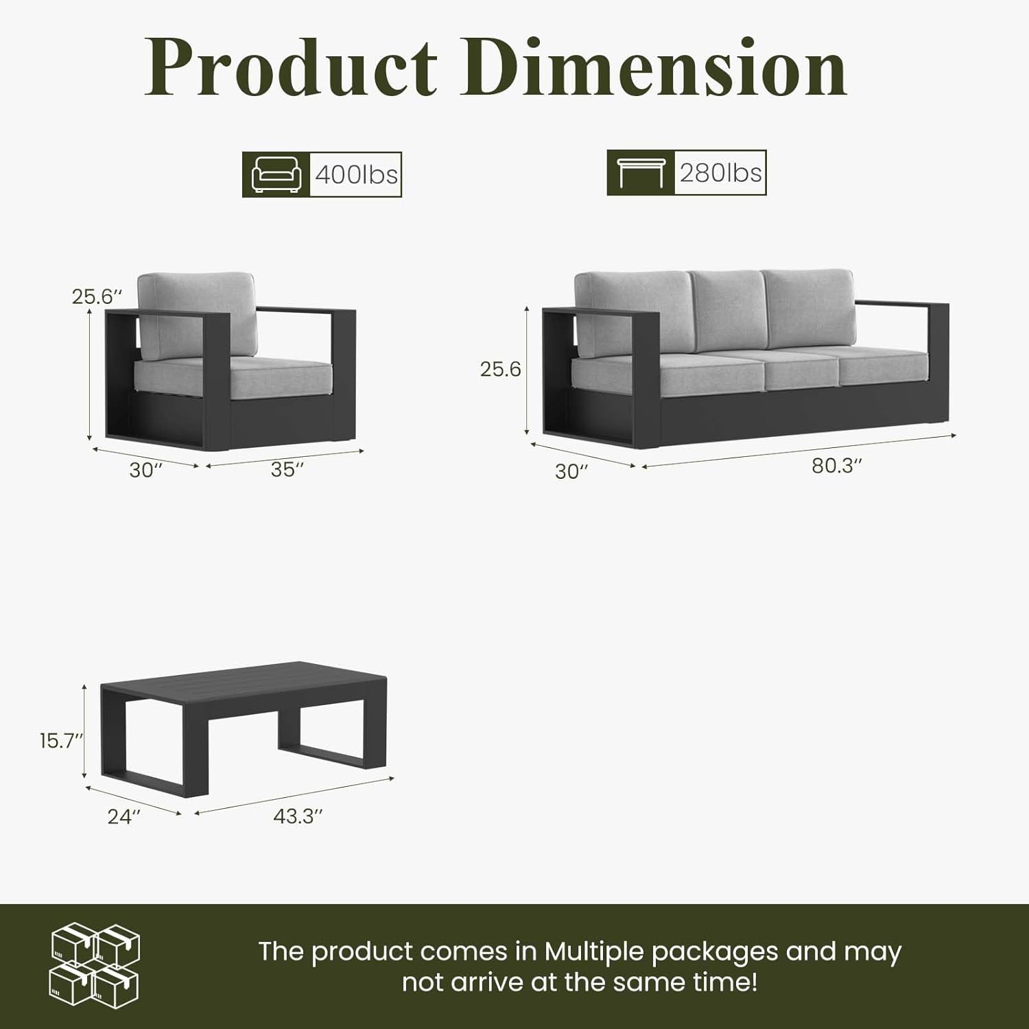 LayinSun Oversized Aluminum Outdoor Furniture Set, 4 Piece Patio Sofa Sets with Coffee Table, Deep Seating and Upgraded 6-inch Cushions for Porch, Balcony, Deck