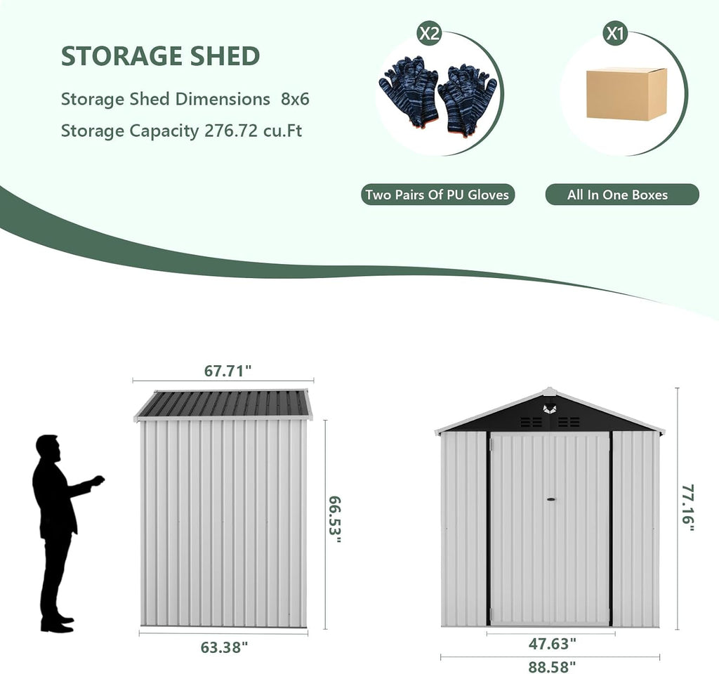Metal Storage Shed,Outdoor Storage Building 8x6,Large Backyard Shed with Lockable Door,Waterproof Outside Storage Shed，White
