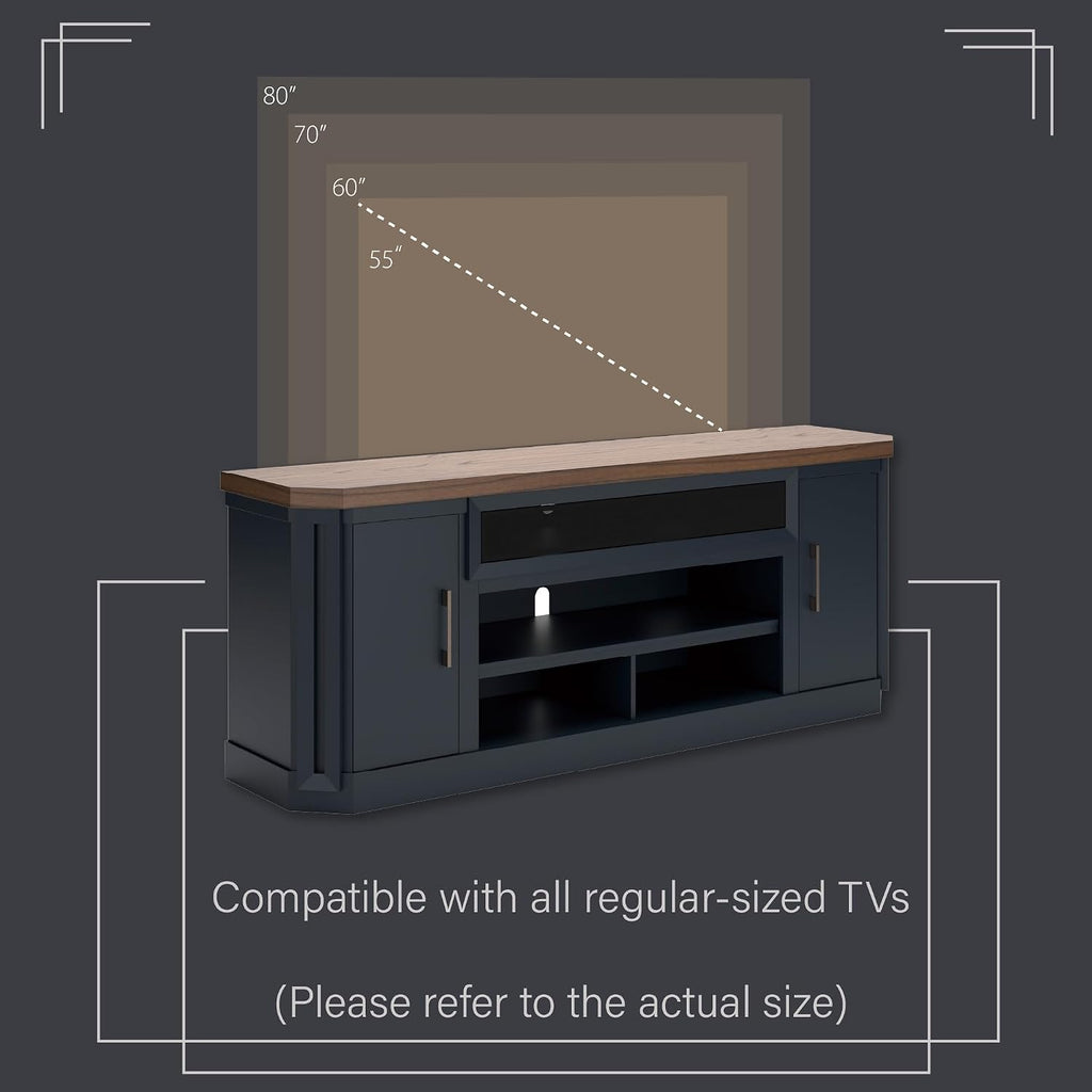 Signature Design by Ashley Landocken Contemporary 83' TV Stand for TVs up to 95' with Fireplace Option, 2 Cabinets, 2 Doors, 2 Adjustable Shelves, Open Cubbies and Cord Openings, Dark Brown & Blue