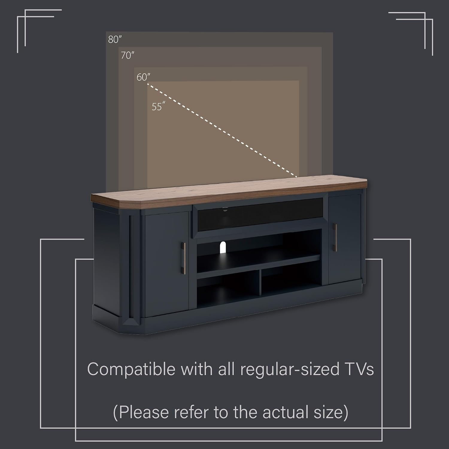 Signature Design by Ashley Landocken Contemporary 83' TV Stand for TVs up to 95' with Fireplace Option, 2 Cabinets, 2 Doors, 2 Adjustable Shelves, Open Cubbies and Cord Openings, Dark Brown & Blue