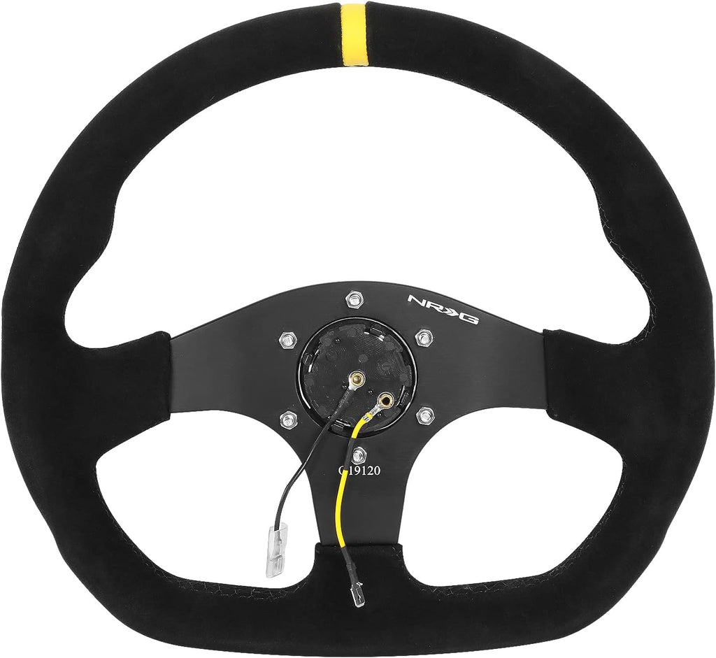 NRG Innovations NRG-RST-024MB-S-Y Reinforced Steering Wheel - 320mm Sport Suede Flat Bottom with Yellow Center Mark