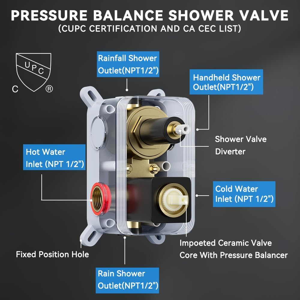 Matte Black Shower System with Body Jets, STARBATH 12 Inch Rainfall Shower and Handheld Spray, Wall Mounted Full Body Shower System Rough-in Mixer Pressure Balance Valve Shower Faucet Set Complete