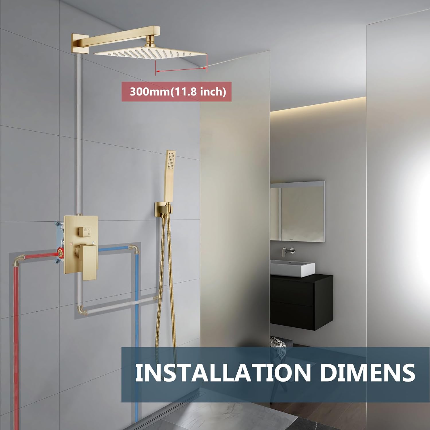 Aolemi Shower Faucet Set Rain Shower System with Handheld Spray Bathroom Shower Combo Rough-in Valve and Shower Trim Kit Included Brushed Gold 12 Inch Wall Mount Shower Head
