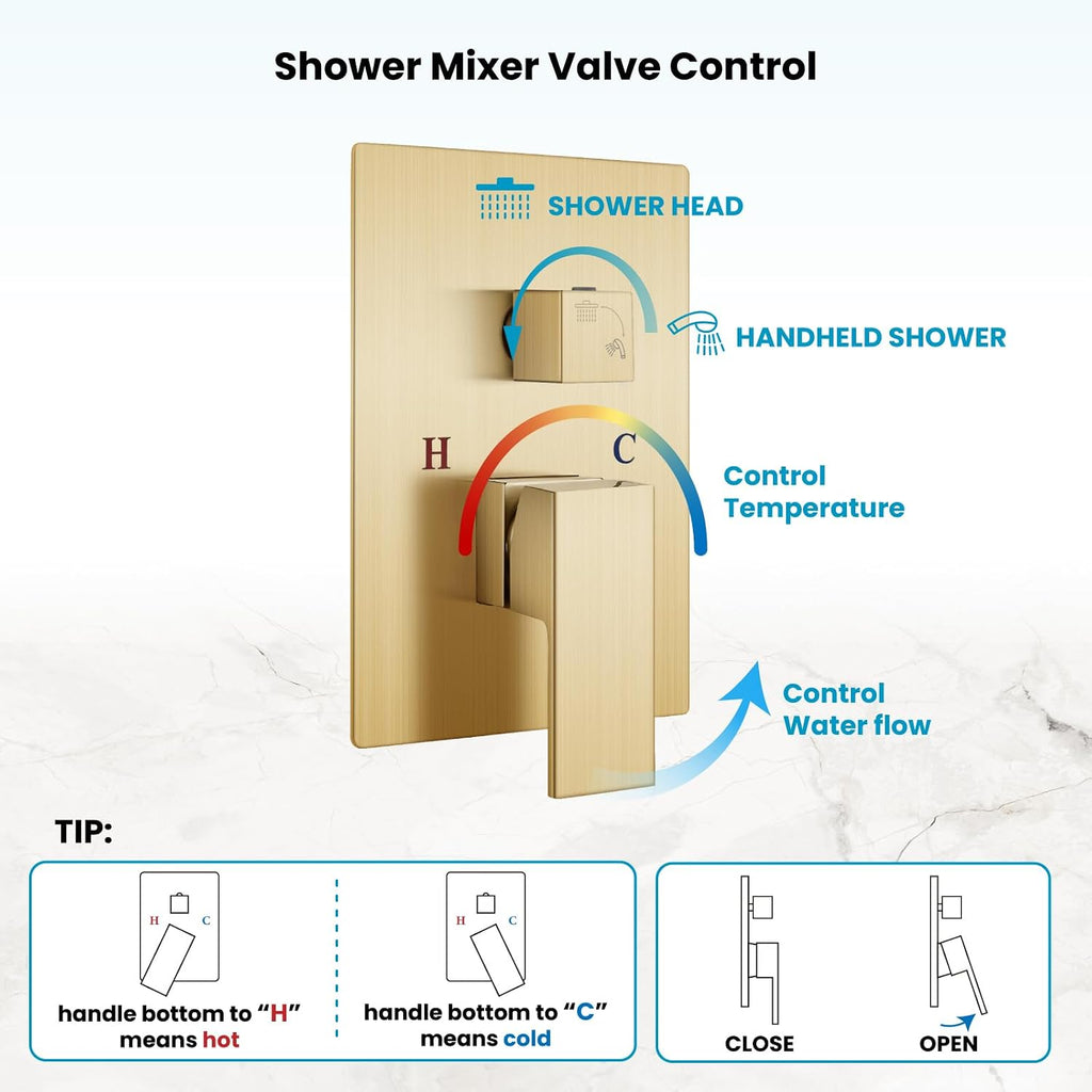 gotonovo Rainfall Bathroom Shower System Rain Shower Head and Handle Set Wall Mounted Shower Complete Combo Solid Brass Pressure Balancing Shower Mixer Valve 10 Inch Brushed Gold