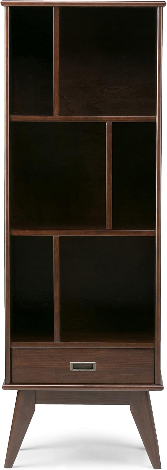 SIMPLIHOME Draper Bookcase - 64 inch Tall Solid Wood Storage Bookshelf in Medium Auburn Brown, Mid-Century Modern Storage for Living Room, Study or Office with Adjustable Shelves and Angled Legs