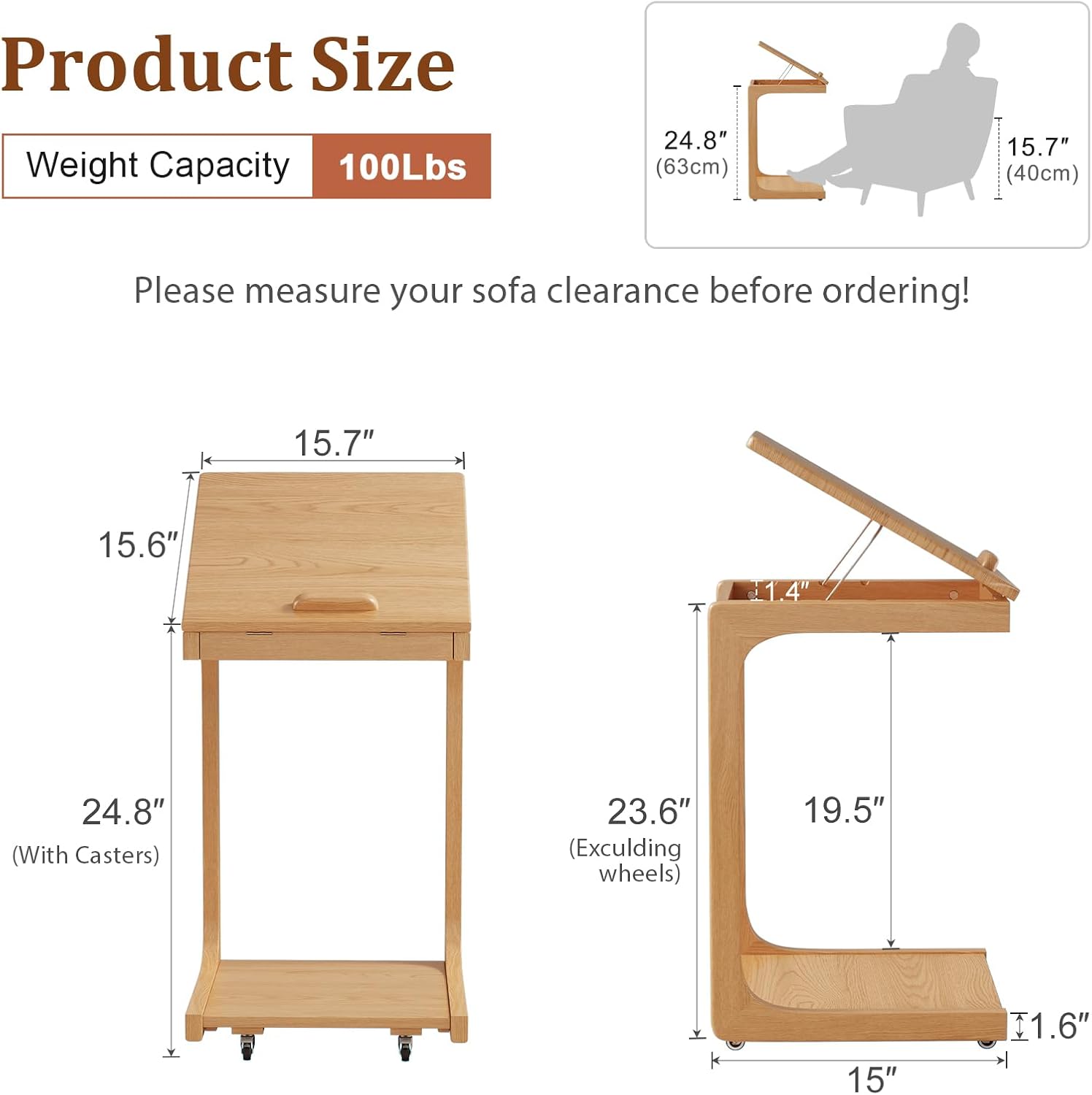 AQIMUELE Wooden C-Shaped End Table,Couch Table with Adjustable Desktop,Small Rolling Side Table with 2 Lockable Wheels,Small End Table for Couch, Living Room,Bedroom (Natural)