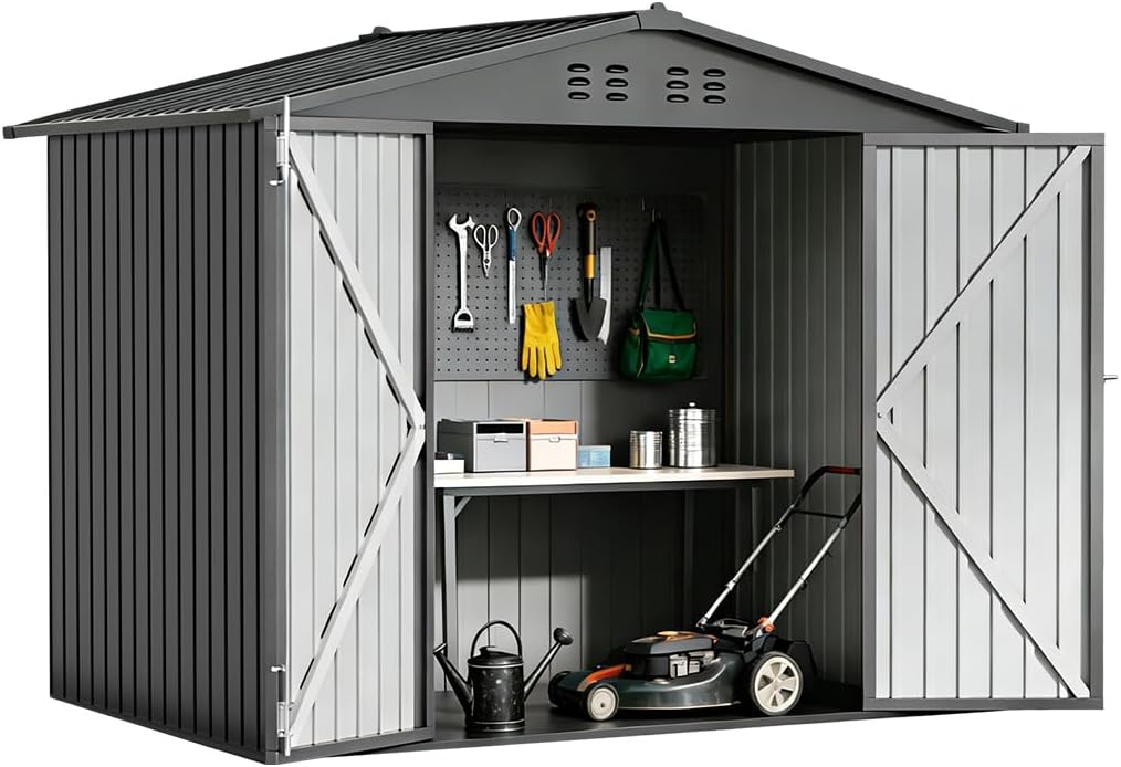 COMHOMA Shed Storage Outdoor Metal Windowed Lockable Weatherproof Ventilated Backyard Garden Utility Workshop(Grey,8'*6')