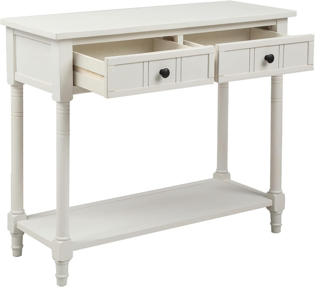 Merax Wood Sofa Table Console Table,Entryway Table Traditional Design with Two Drawers and Bottom Shelf for Living Room,Hallway,Dining Room,Lvory White