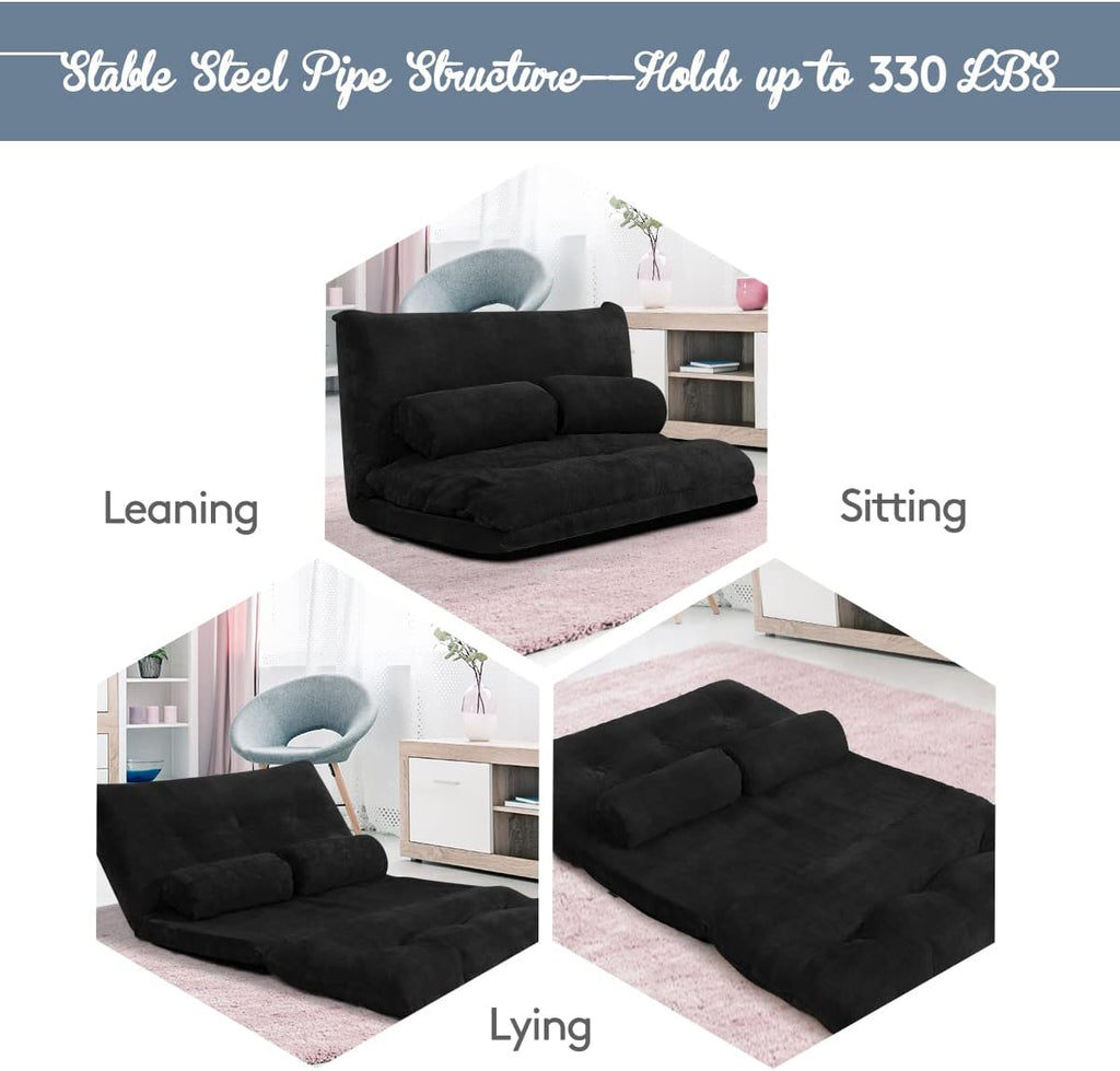 Giantex Adjustable Floor Sofa Couch with 2 Pillows, Multi-Functional 6-Position Foldable Lazy Sofa Sleeper Bed, Multi-Functional Suede Floor Seating for Reading Gaming (Black)