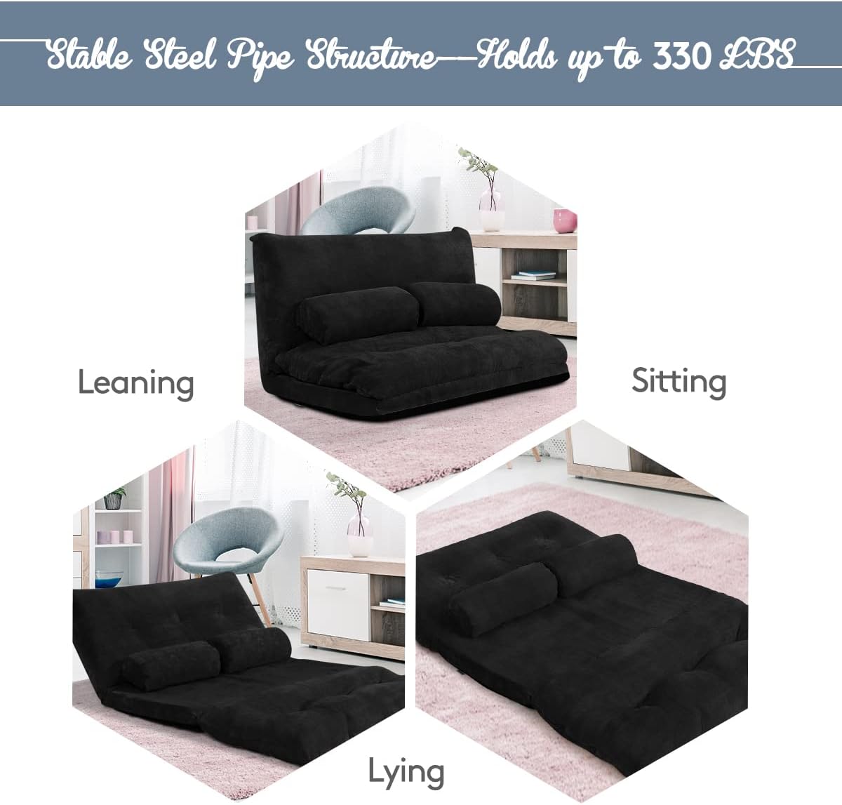 Giantex Adjustable Floor Sofa Couch with 2 Pillows, Multi-Functional 6-Position Foldable Lazy Sofa Sleeper Bed, Multi-Functional Suede Floor Seating for Reading Gaming (Black)