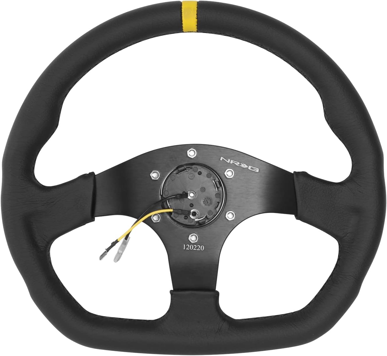 NRG Innovations NRG-RST-024MB-R-Y Reinforced Steering Wheel - 320mm Sport Leather Flat Bottom with Yellow Center Mark