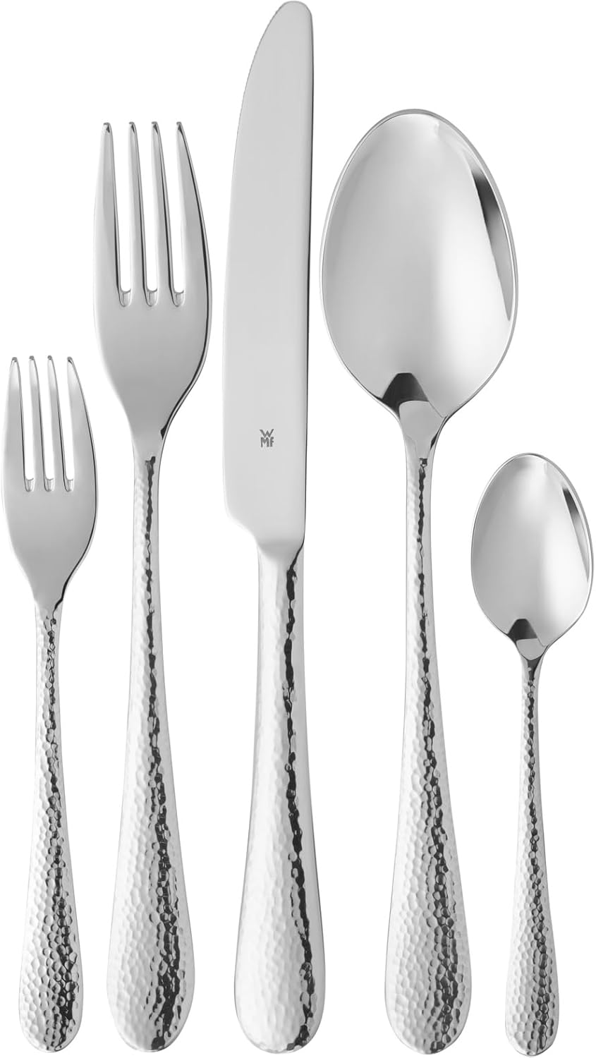 WMF Sitello Cutlery Set for 12, Cromargan, 60-Piece Cutlery Set, Monoblock Knife, Polished Cromargan Stainless Steel, Hammered, Ergonomic, Bright, Suitable for