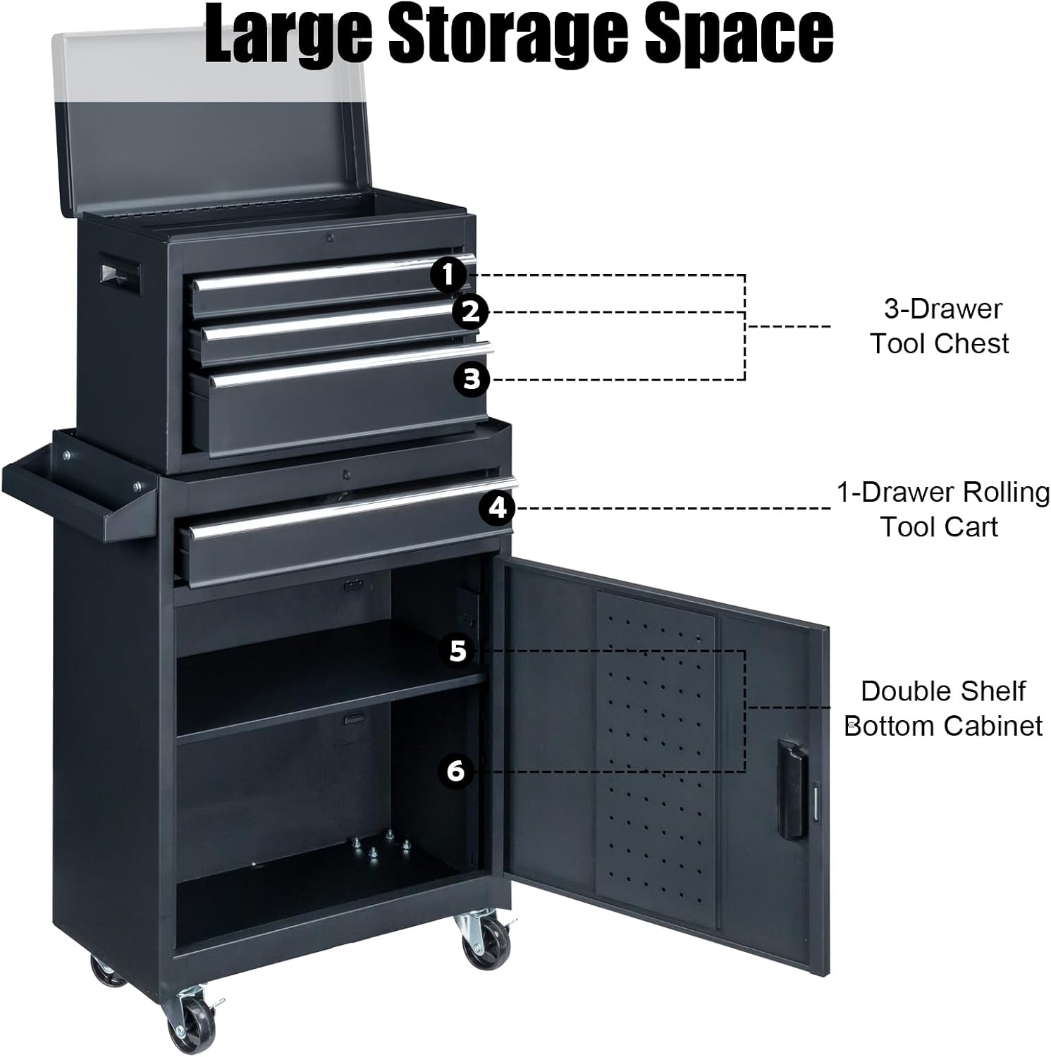 Metal Rolling Tool Box Organizer | Lockable Tool Chest with Wheels | Detachable Top Toolbox with 4 Sliding Drawers & Cabinet | Large Tool Storage Box Organizer for Garage Workshop & Tool Room