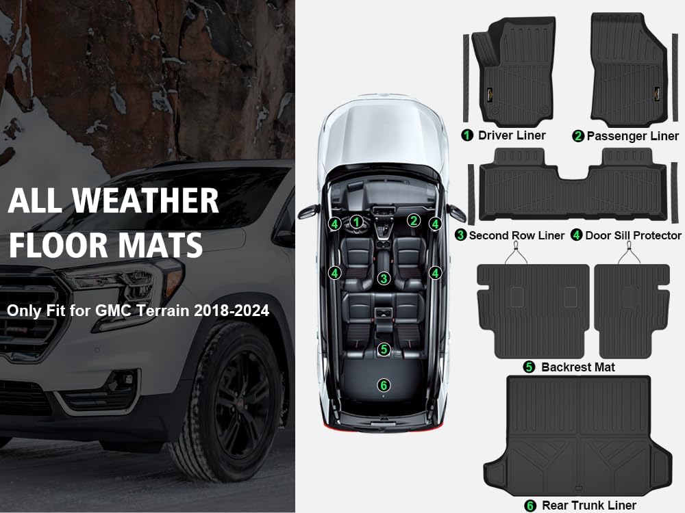 Floor Mats Custom for GMC Terrain 2018-2024 Trunk Mat with Backrest Mat All Weather TPE Full Set Liners Cargo Protector & Door Sill Guards for Terrain Accessories, Black