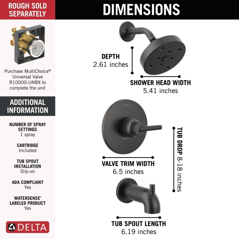 Delta Faucet Trinsic 14 Series Single-Function Tub and Shower Trim Kit with Single-Spray H2Okinetic Shower Head, Matte Black T14459-BL (Valve Not Included)