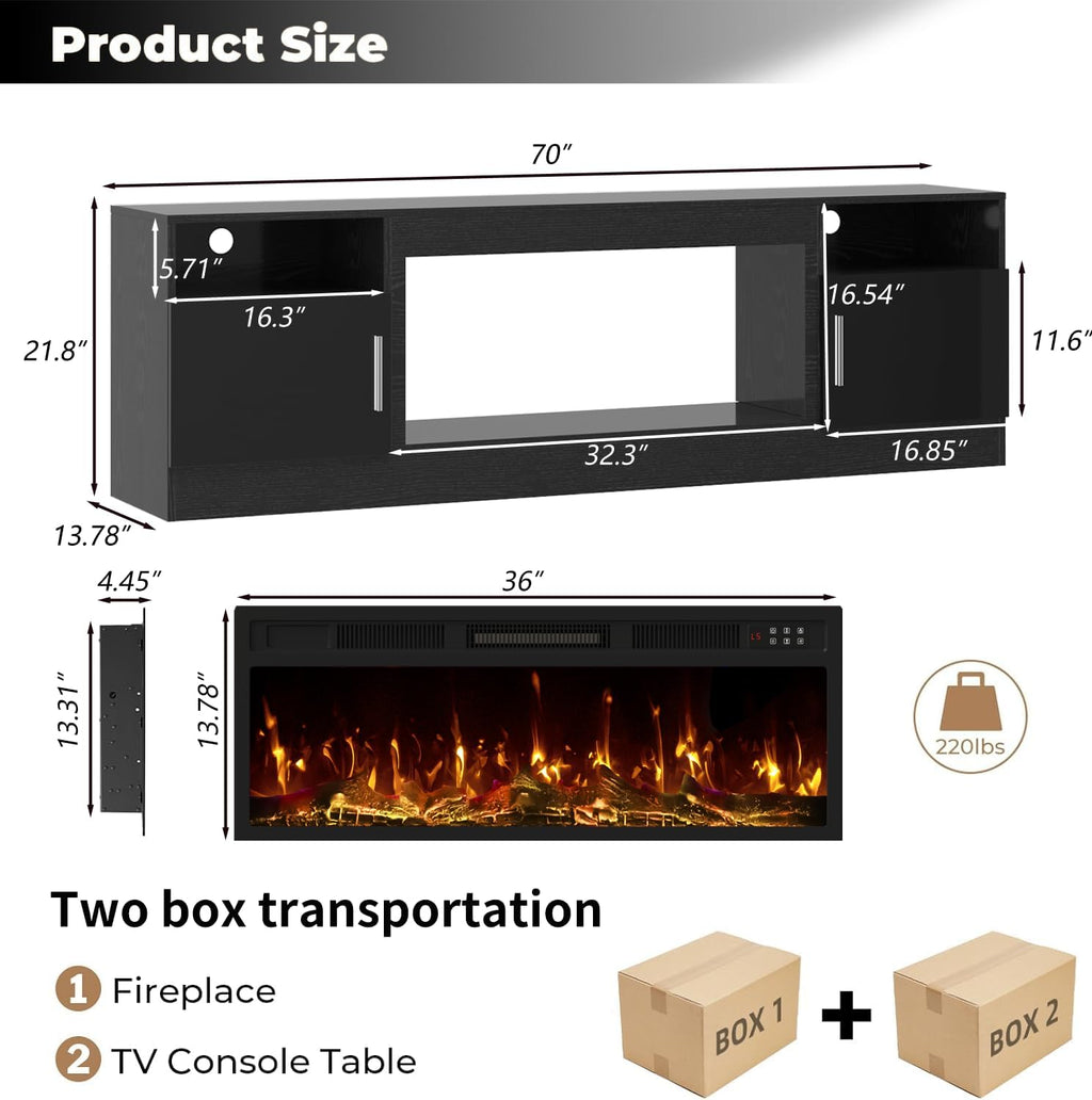 TV Stand with Fireplace, 36' Fireplace TV Stand LED Entertainment Center with Fireplace, 70 Inch Modern Electric Fireplace TV Stand for Living Room, Black TV Stand with Fireplace Up to 80' TVs