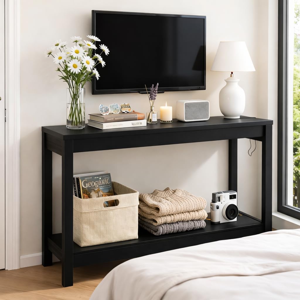 47' Entryway Table, Narrow Console Sofa Table, with Outlets and USB-C Port, Entryway Table with Open Storage, for Living Room, Hallway, Entryway, Foyer, Kitchen Counter, Black