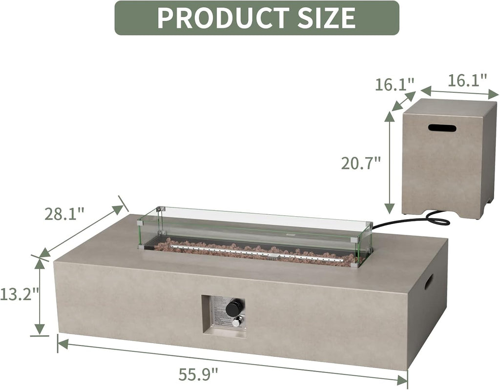 COSIEST 2-Piece Outdoor Propane Fire Table Set, Rectangle Concrete 56' x 28' Gray Fire Pit (Certified, 50,000 BTU) w 20lb Tank Table, Wind Guard, Waterproof Cover for Garden, Porch, Backyard