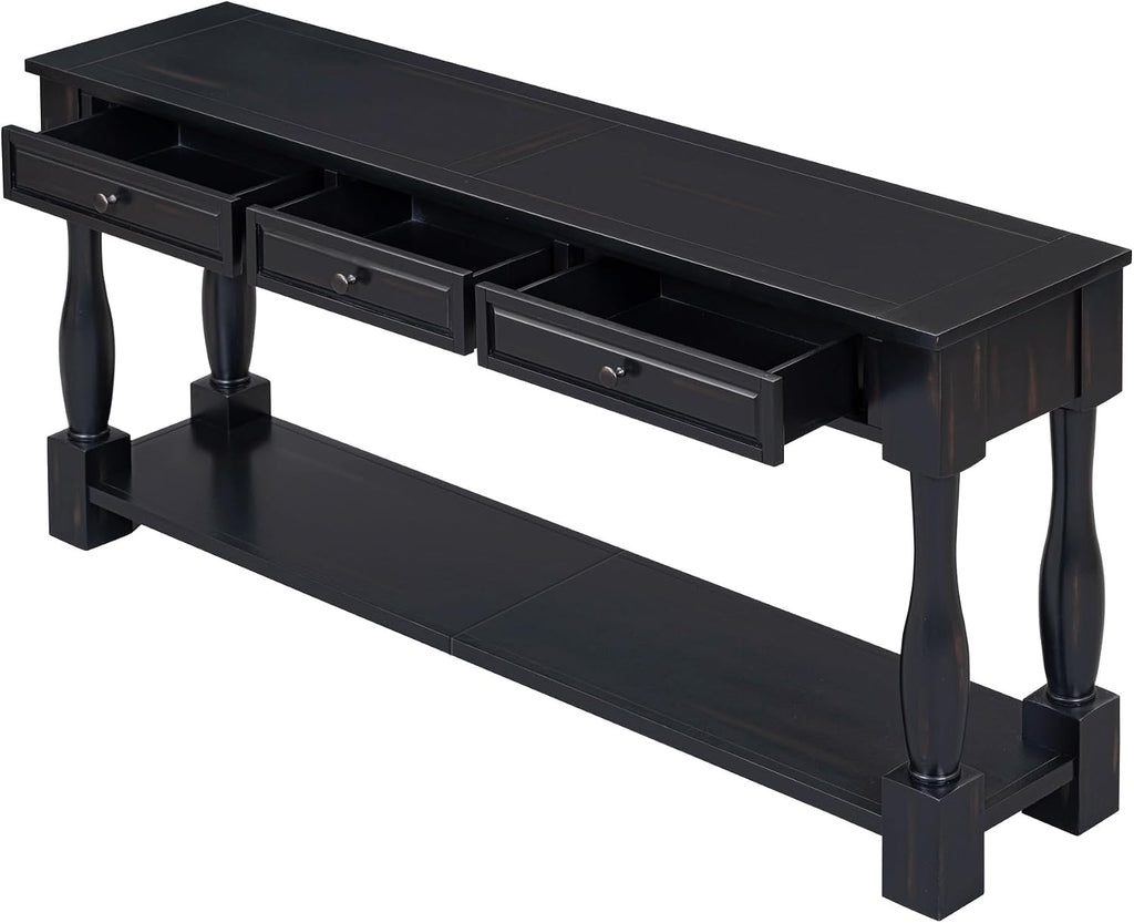 merax LUMISOL 64 inch Long Console Table with 3 Drawers and Bottom Shelf, Sofa Table Entryway Table for Hallway, Living Room, Easy Assembly (Distressed Black)