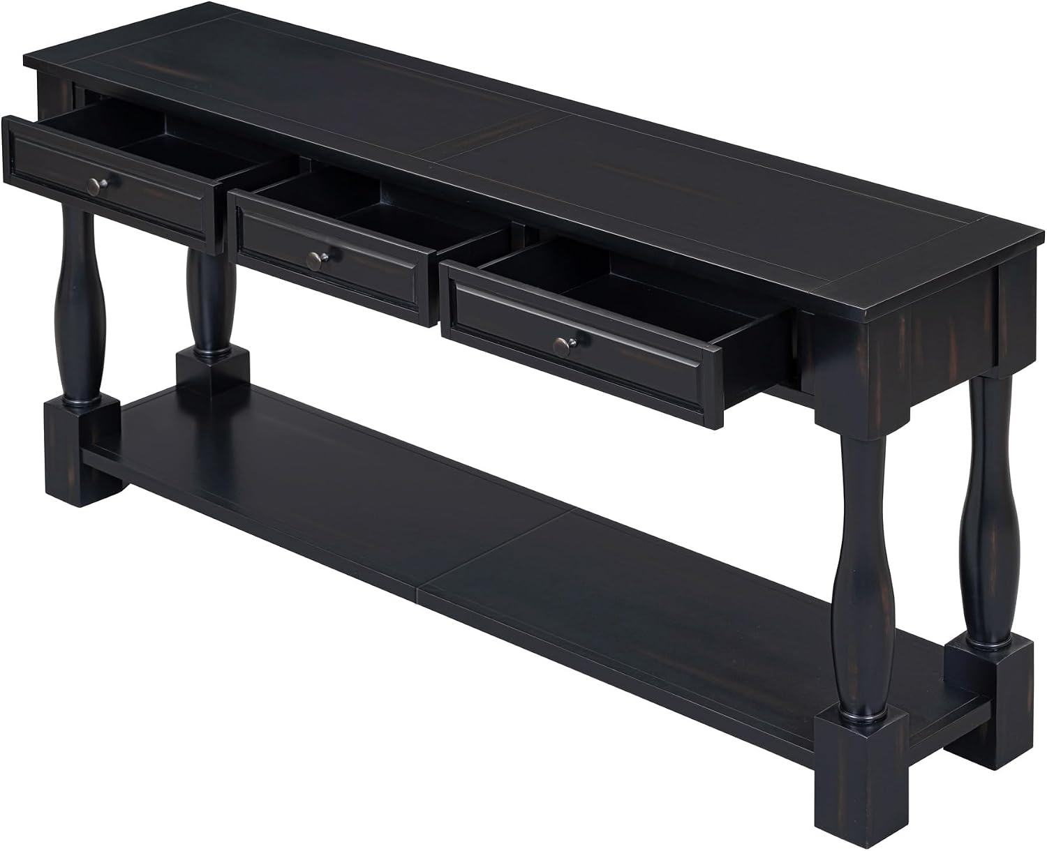 merax LUMISOL 64 inch Long Console Table with 3 Drawers and Bottom Shelf, Sofa Table Entryway Table for Hallway, Living Room, Easy Assembly (Distressed Black)