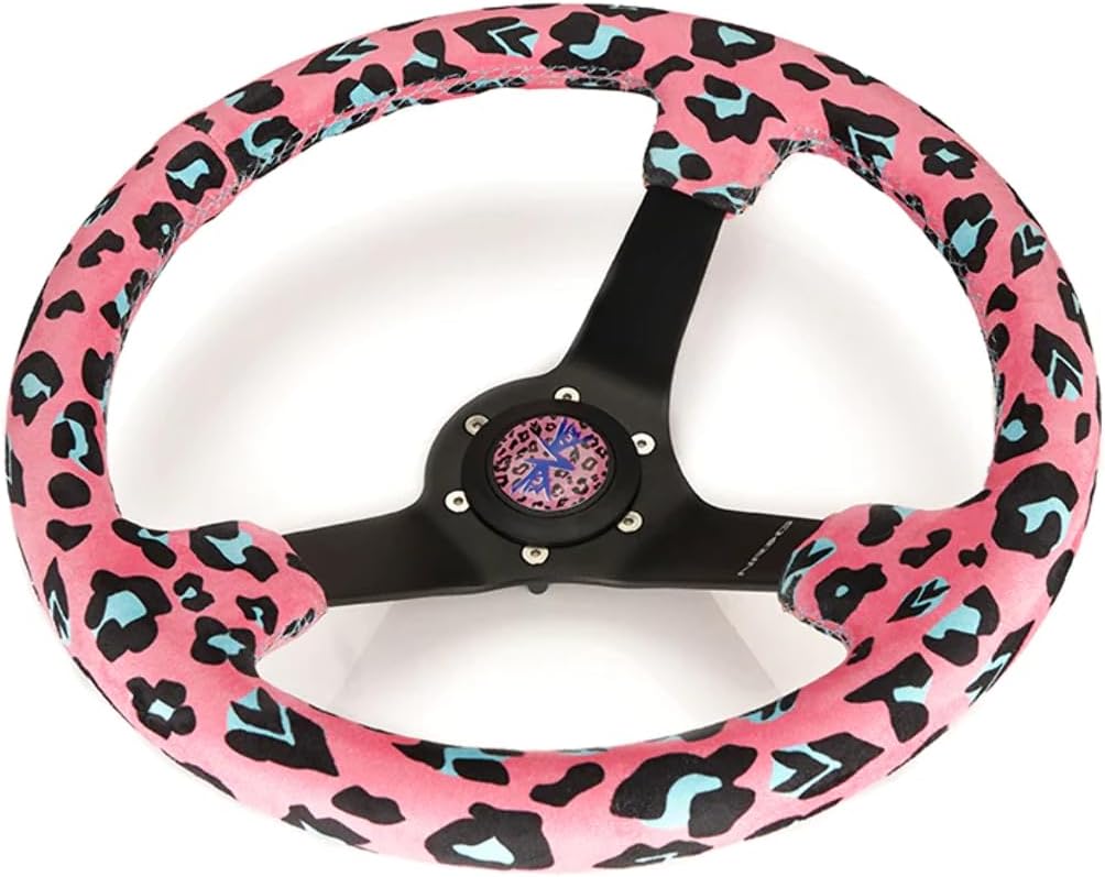 NRG Innovations NRG-RST-036MB-SV-PK Reinforced Sport Steering Wheel 350mm (3' deep) Savage Pink Leopard Printed Micro Fiber Vegan Material with Matte Black Spoke