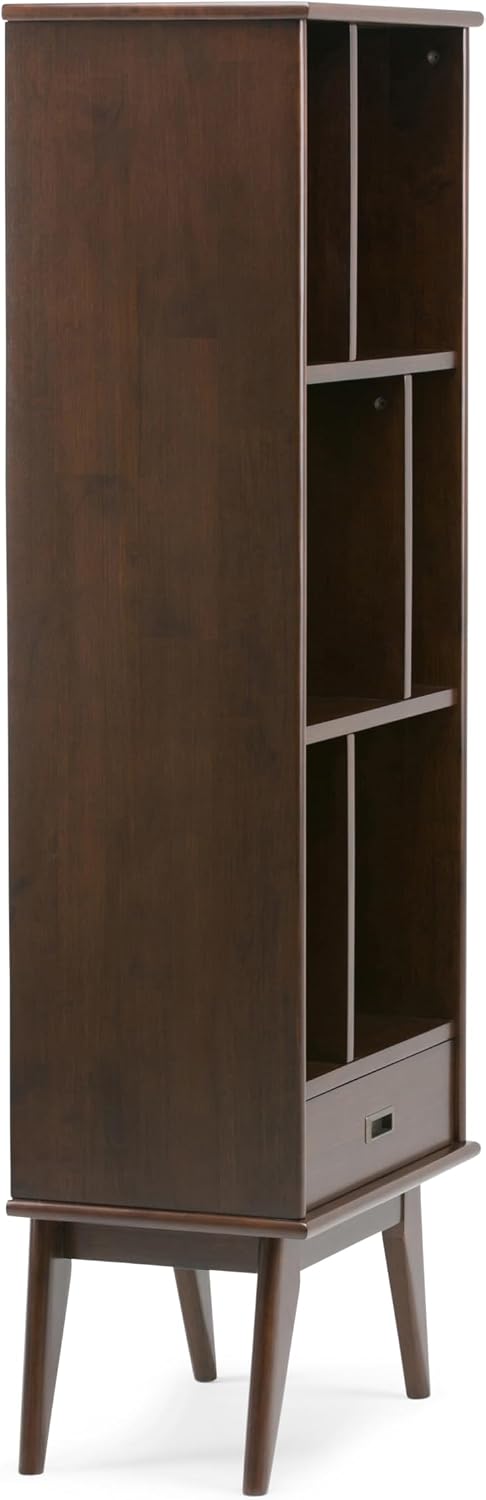 SIMPLIHOME Draper Bookcase - 64 inch Tall Solid Wood Storage Bookshelf in Medium Auburn Brown, Mid-Century Modern Storage for Living Room, Study or Office with Adjustable Shelves and Angled Legs