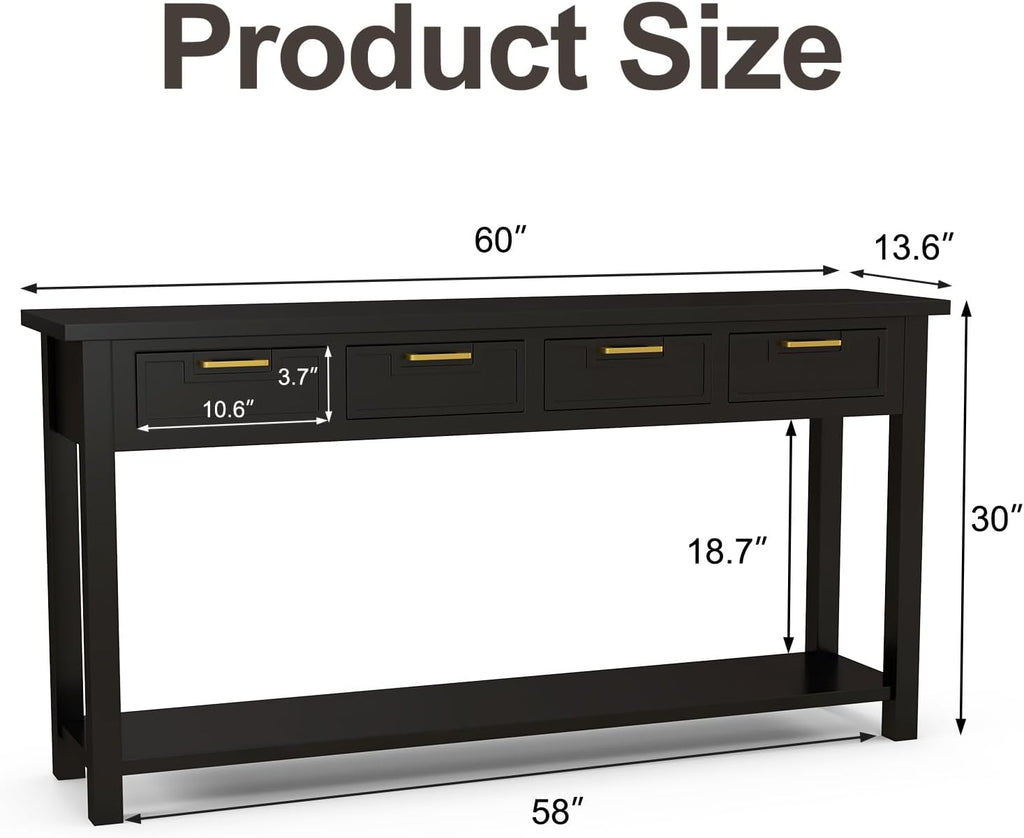 Kinfant Solid Wood Console Table - Entryway Table with 4 Drawers and a Bottom Storage Shelf, 60 Inch Narrow Long Sofa Table for Living Room, Hallway, Front Hall, Couch, Black