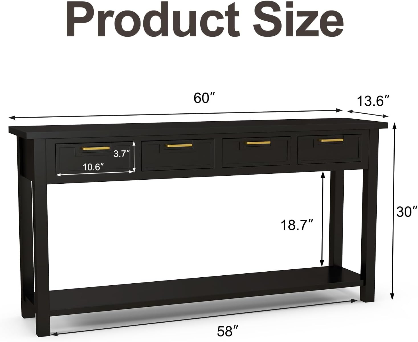 Kinfant Solid Wood Console Table - Entryway Table with 4 Drawers and a Bottom Storage Shelf, 60 Inch Narrow Long Sofa Table for Living Room, Hallway, Front Hall, Couch, Black