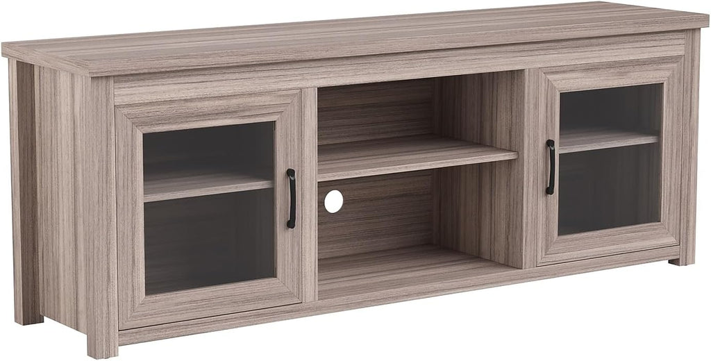 Flash Furniture Sheffield TV Stand for up to 80' TVs - Modern Gray Wash Finish & Full Glass Doors - 65' Engineered Wood Frame - 3 Height Adjustable Shelves