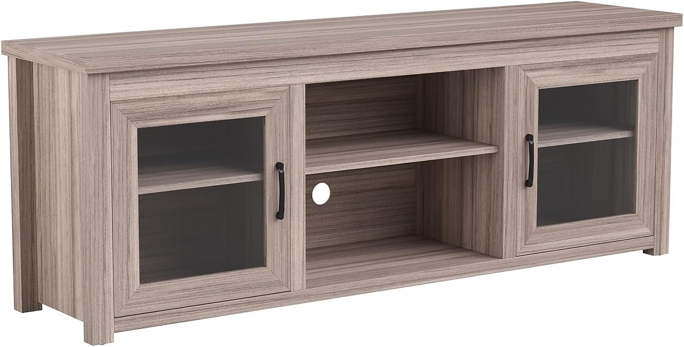 Flash Furniture Sheffield TV Stand for up to 80' TVs - Modern Gray Wash Finish & Full Glass Doors - 65' Engineered Wood Frame - 3 Height Adjustable Shelves